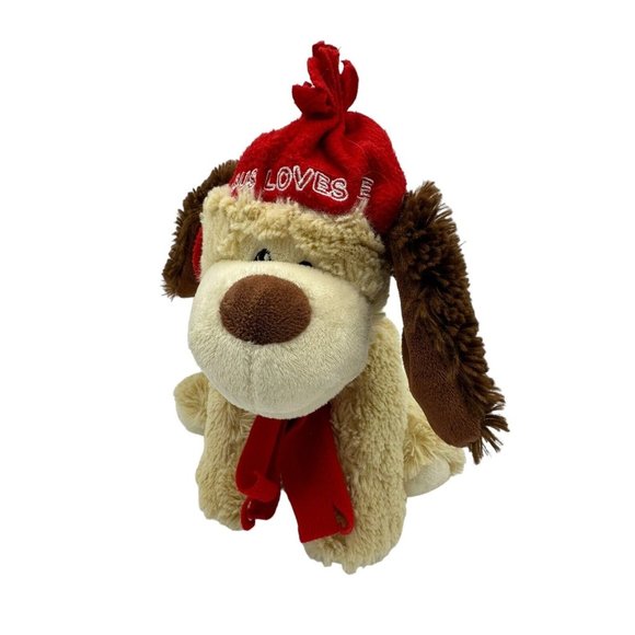 Fiesta Beige Tan Puppy Dog JESUS LOVES ME Plush Red Hat Scarf Stuffed Animal - Picture 1 of 4
